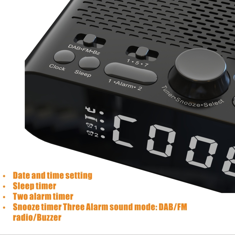 DAB-A5 LED Display Bedside DAB/FM Clock Radio with Bluetooth Speaker, EU Version(Black) - B3