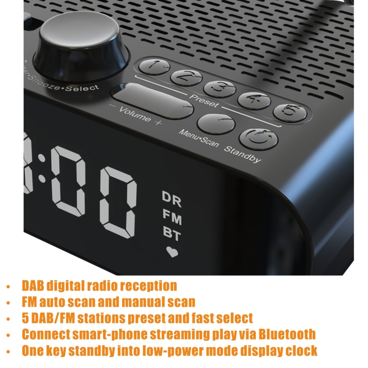 DAB-A5 LED Display Bedside DAB/FM Clock Radio with Bluetooth Speaker, EU Version(Black) - B4