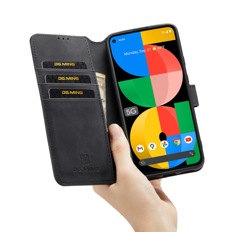For Google Pixel 5A 5G DG.MING Retro Oil Side Horizontal Flip Leather Case with Holder & Card Slots & Wallet(Black) - 5