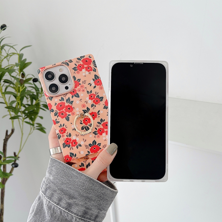 For iPhone 11 Pro Square Plating Gold Edge Phone Case with Ring Holder (Fresh Red Flower) For iPhone 11 Pro Square Plating Gold Edge Phone Case with Ring Holder (Fresh Red Flower)