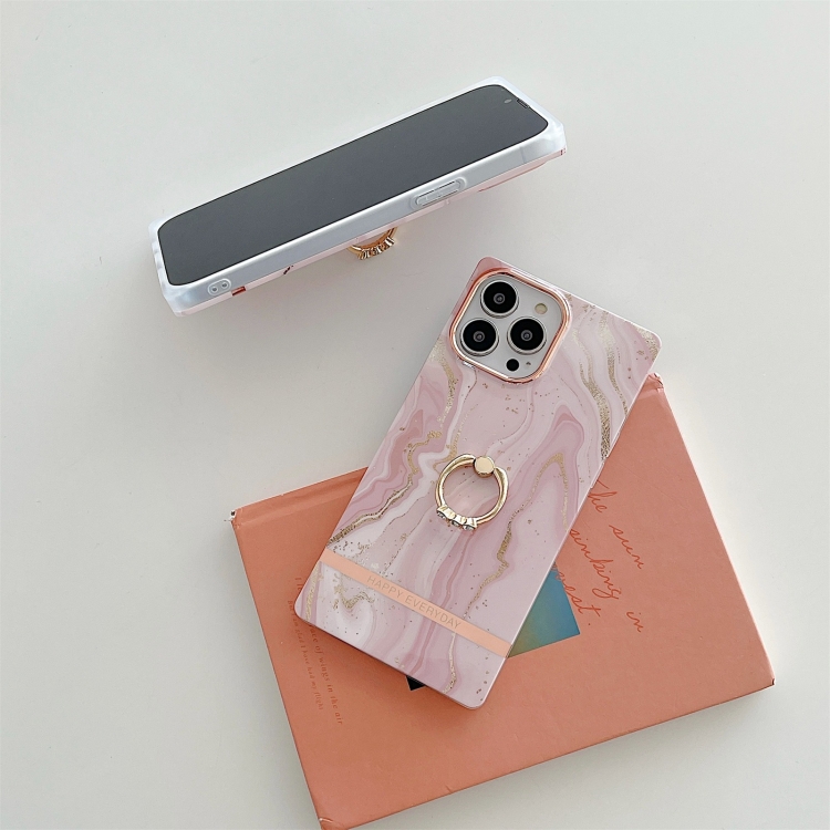 Ring Holder Square Plating Gold Edge Phone Case For iPhone 13(Quicksand Pink) - 4