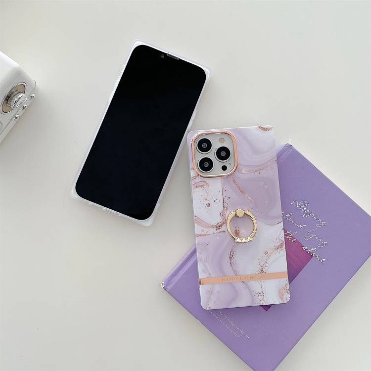 Ring Holder Square Plating Gold Edge Phone Case For iPhone 11(Quicksand Pink) - 5