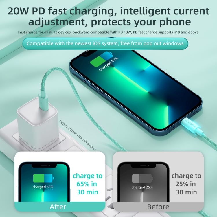JOYROOM S-2024M13 20W PD Type-C / USB-C to 8 Pin Fast Charging Cable, Length:2m(Green) JOYROOM S-2024M13 20W PD Type-C / USB-C to 8 Pin Fast Charging Cable, Length:2m(Green)