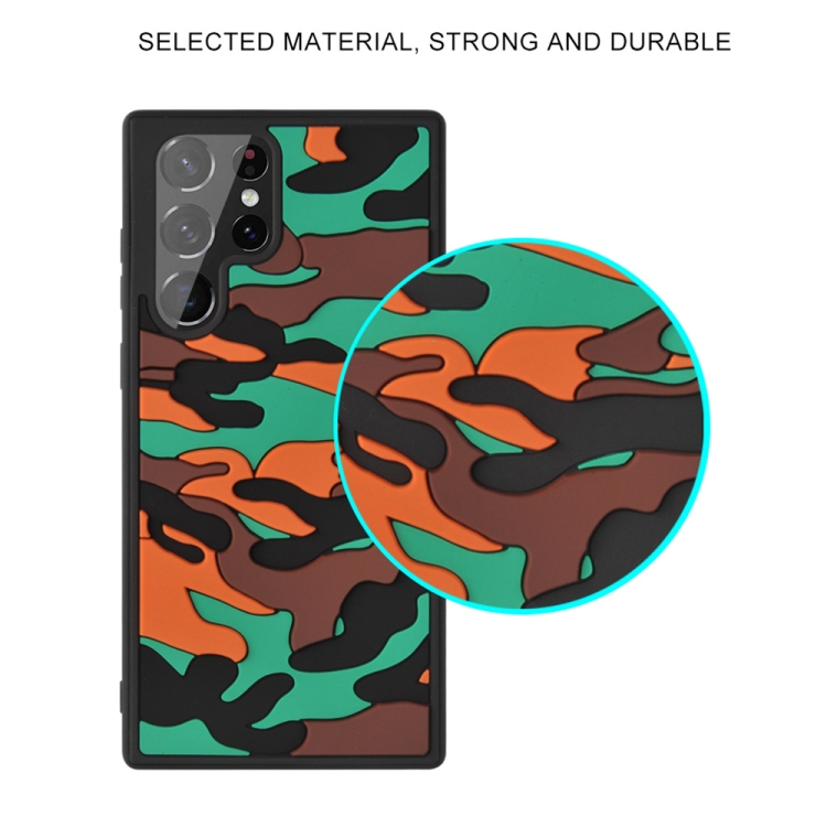 For Samsung Galaxy S22 Ultra 5G Camouflage Clouds Embossed Skin Feel Silicone Shockproof Phone Case(Green Orange)