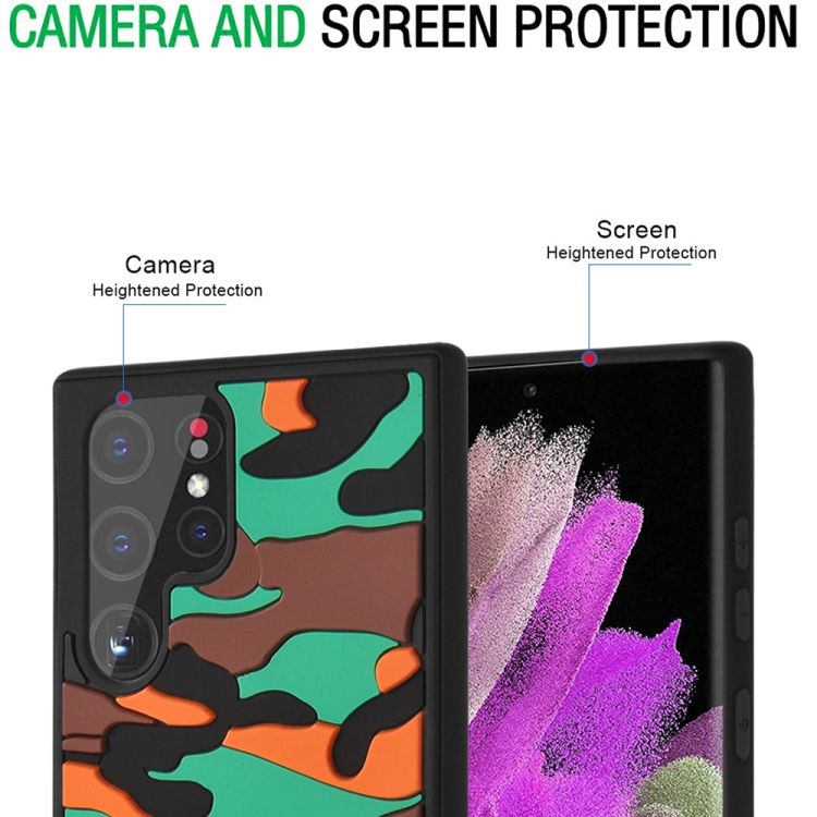For Samsung Galaxy S22 Ultra 5G Camouflage Clouds Embossed Skin Feel Silicone Shockproof Phone Case(Green Orange)