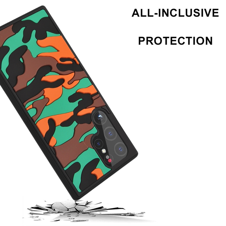 For Samsung Galaxy S22 Ultra 5G Camouflage Clouds Embossed Skin Feel Silicone Shockproof Phone Case(Green Orange)