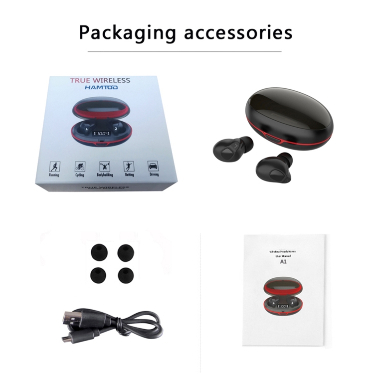 HAMTOD A1 TWS IPX4 Waterproof Bluetooth 5.0 Smart Bluetooth Earphone with Digital Display & Charging Box, Support Siri & HD Call(Black) HAMTOD A1 TWS IPX4 Waterproof Bluetooth 5.0 Smart Bluetooth Earphone with Digital Display & Charging Box, Support Siri & HD Call(Black)