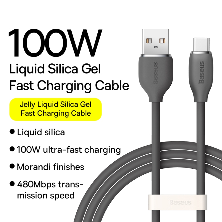 Baseus CAGD010101 Jelly Series 100W USB to USB-C / Type-C Liquid Silicone Fast Charging Data Cable, Cable Length:2m(Black) - 1