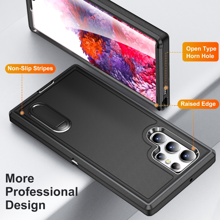 For Samsung Galaxy S22 Ultra 5G 3 in 1 Rugged Holder Phone Case(Black) For Samsung Galaxy S22 Ultra 5G 3 in 1 Rugged Holder Phone Case(Black)
