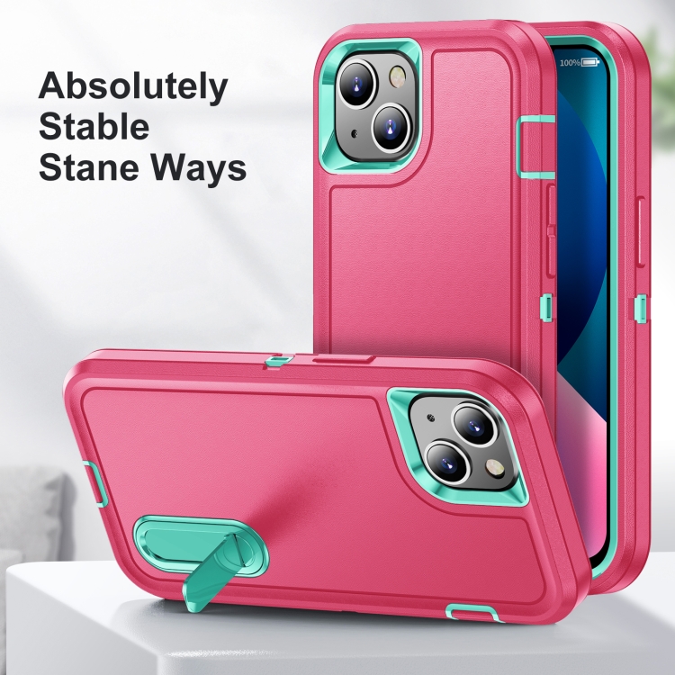 3 in 1 Rugged Holder Phone Case For iPhone 13 mini(Pink + Blue) - 1