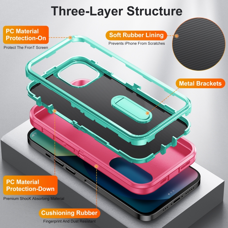 3 in 1 Rugged Holder Phone Case For iPhone 13 mini(Pink + Blue) - 3