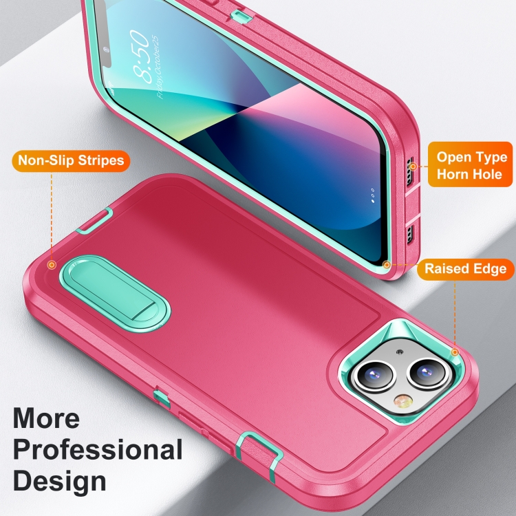 3 in 1 Rugged Holder Phone Case For iPhone 13(Pink + Blue) - 2