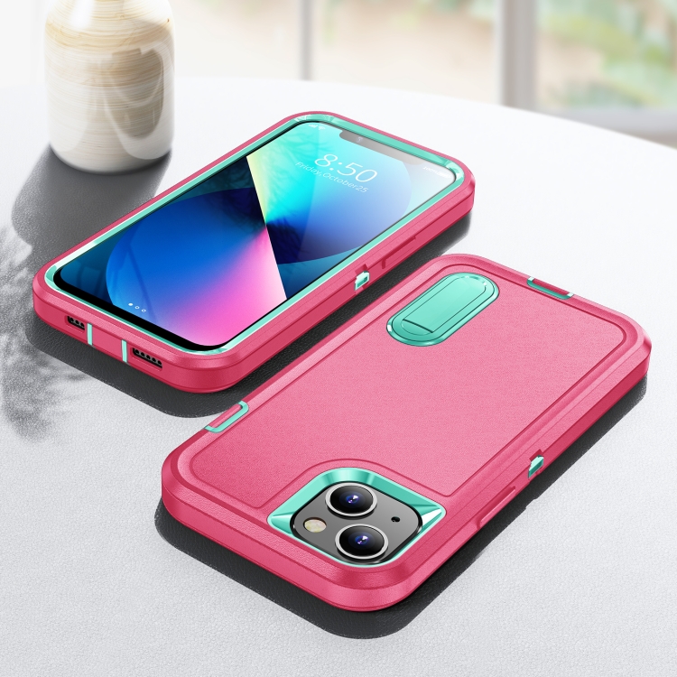 3 in 1 Rugged Holder Phone Case For iPhone 13(Pink + Blue) - 6