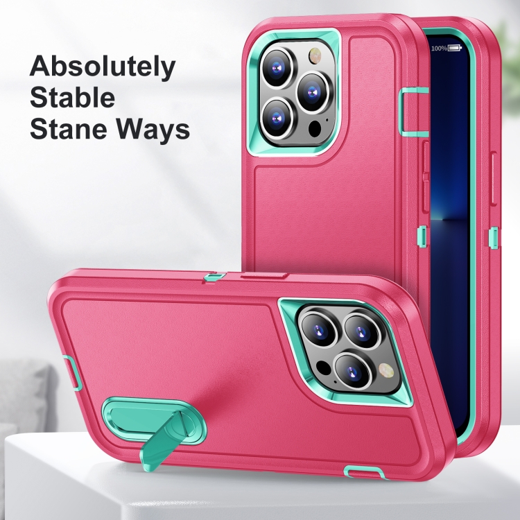 3 in 1 Rugged Holder Phone Case For iPhone 13 Pro(Pink + Blue) - 1