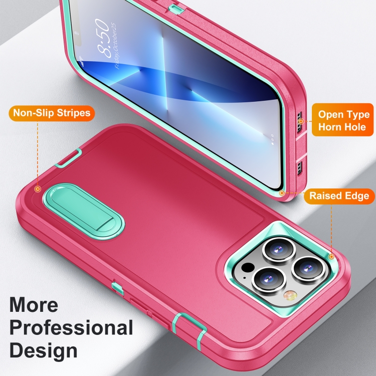 3 in 1 Rugged Holder Phone Case For iPhone 13 Pro(Pink + Blue) - 2
