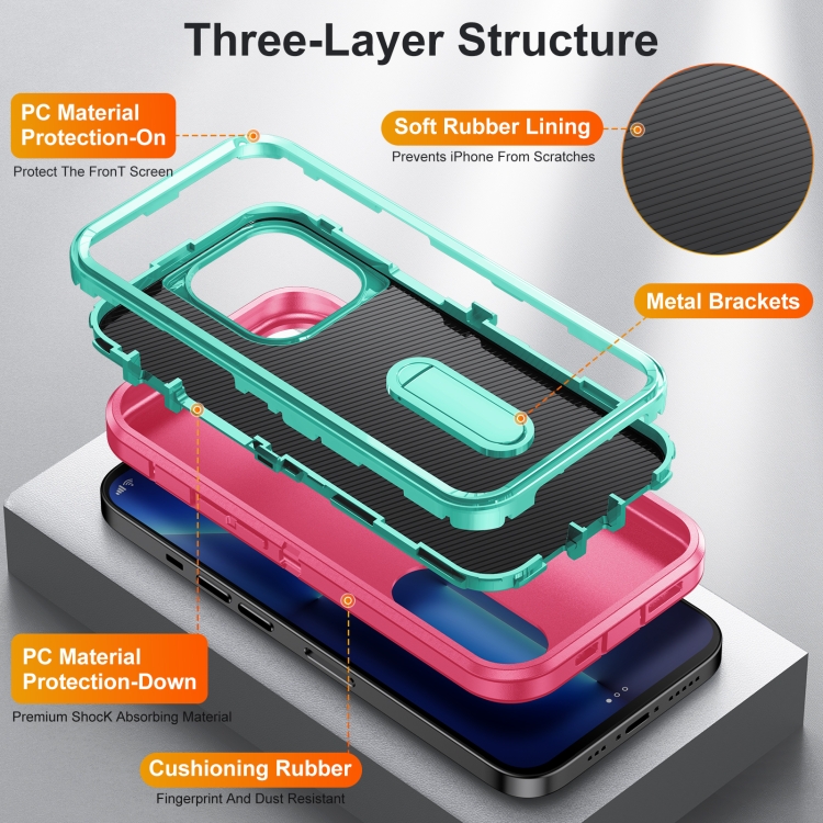 3 in 1 Rugged Holder Phone Case For iPhone 13 Pro(Pink + Blue) - 3