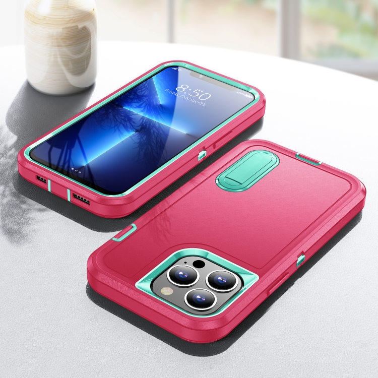 3 in 1 Rugged Holder Phone Case For iPhone 13 Pro(Pink + Blue) - 6