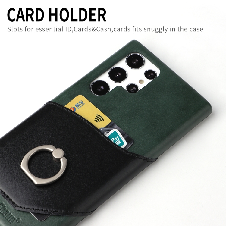 For Samsung Galaxy S22 Ultra 5G Fierre Shann Oil Wax Texture Genuine Leather Back Phone Case with 360 Degree Rotation Holder & Card Slot(Black) For Samsung Galaxy S22 Ultra 5G Fierre Shann Oil Wax Texture Genuine Leather Back Phone Case with 360 Degree Rotation Holder & Card Slot(Black)