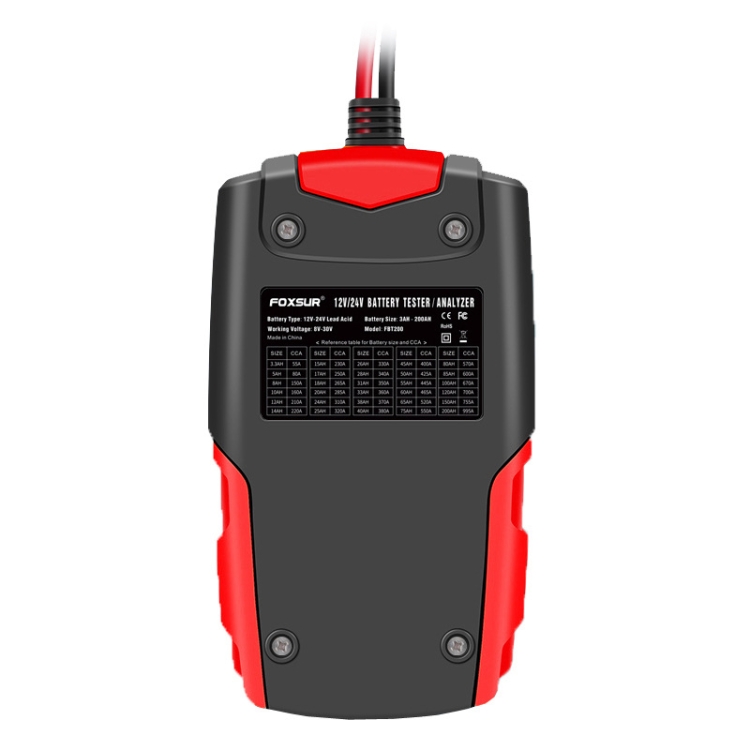 Comprobador de batería de coche FOXSUR FBT200 12V / 24V (Rojo)