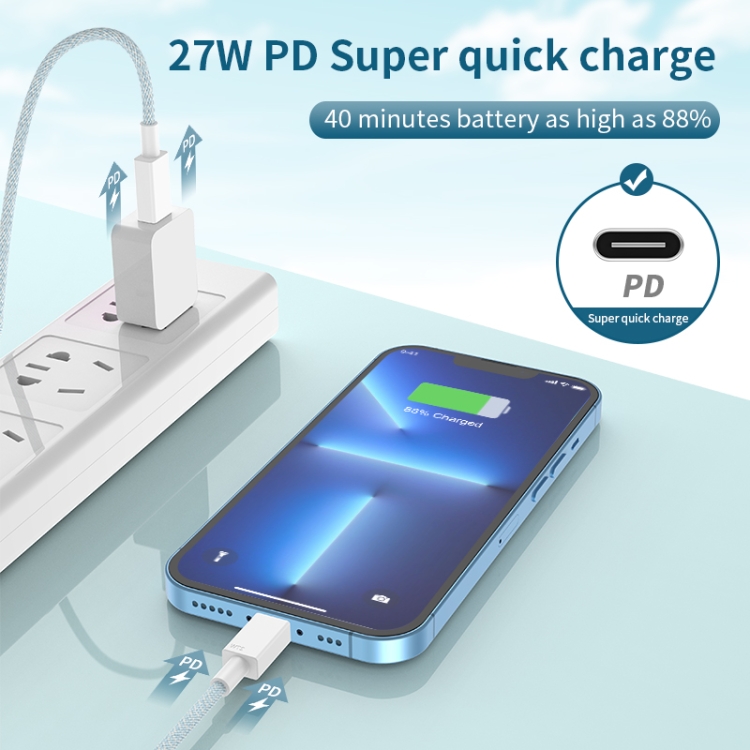 27W PD USB-C / Type-C to 8 Pin Fast Charging Braided Data Cable, Cable Length: 1m(Grey) 27W PD USB-C / Type-C to 8 Pin Fast Charging Braided Data Cable, Cable Length: 1m(Grey)