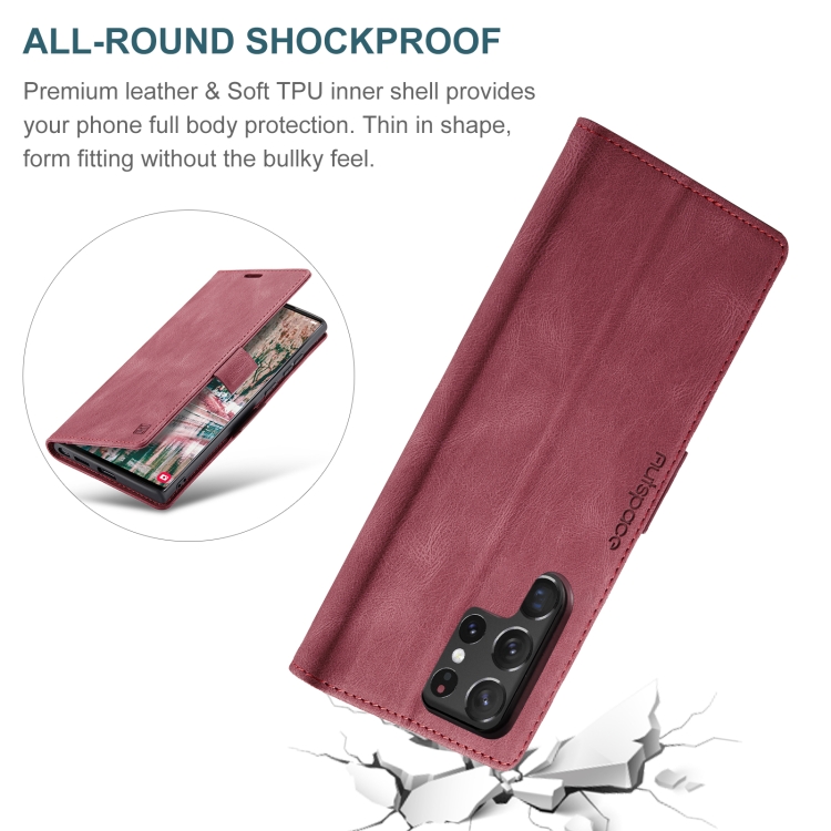 For Samsung Galaxy S22 Ultra 5G AutSpace A01 Retro Skin-feel Crazy Horse RFID Leather Phone Case(Wine Red) For Samsung Galaxy S22 Ultra 5G AutSpace A01 Retro Skin-feel Crazy Horse RFID Leather Phone Case(Wine Red)
