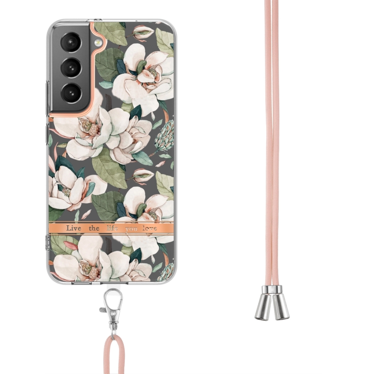 For Samsung Galaxy S22+ 5G Flowers Series TPU Phone Case with Lanyard(Green Gardenia)