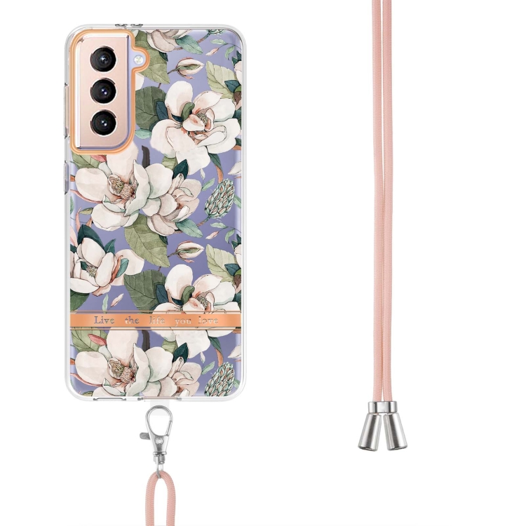 For Samsung Galaxy S21+ 5G Flowers Series TPU Phone Case with Lanyard(Green Gardenia) For Samsung Galaxy S21+ 5G Flowers Series TPU Phone Case with Lanyard(Green Gardenia)