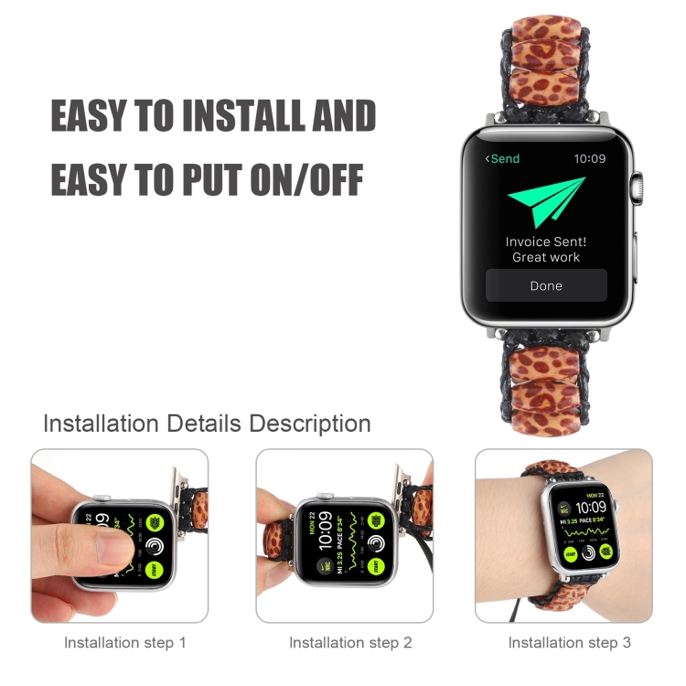 Wooden Bead Watch Band For Apple Watch Series 7 45mm / 6\u0026SE\u00265\u00264 44mm /  3\u00262\u00261 42mm(Tiger Stripes)