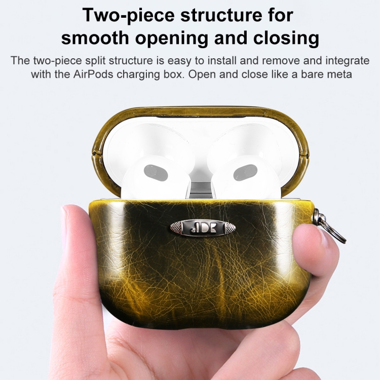 Oil Wax Leather Texture Earphone Protective Case with Hang Buckle For AirPods 3(Yellow) Oil Wax Leather Texture Earphone Protective Case with Hang Buckle For AirPods 3(Yellow)