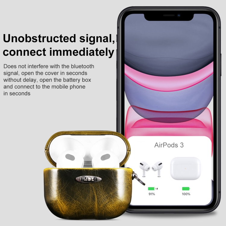 Oil Wax Leather Texture Earphone Protective Case with Hang Buckle For AirPods 3(Yellow) Oil Wax Leather Texture Earphone Protective Case with Hang Buckle For AirPods 3(Yellow)