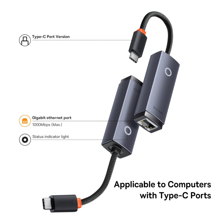 Baseus Lite Series 1000Mbps Ethernet Adapter USB-C / Type-C to RJ45 LAN Port(Grey) - 3