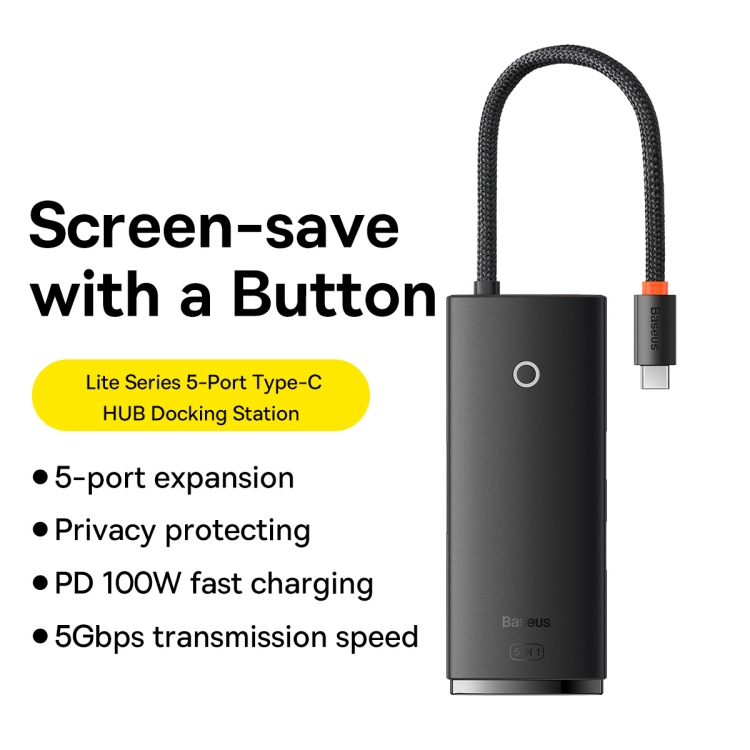Baseus Lite Series 5-Port USB-C / Type-C to HDMI+USB3.0x3+PD HUB Docking Station(Black) - 1