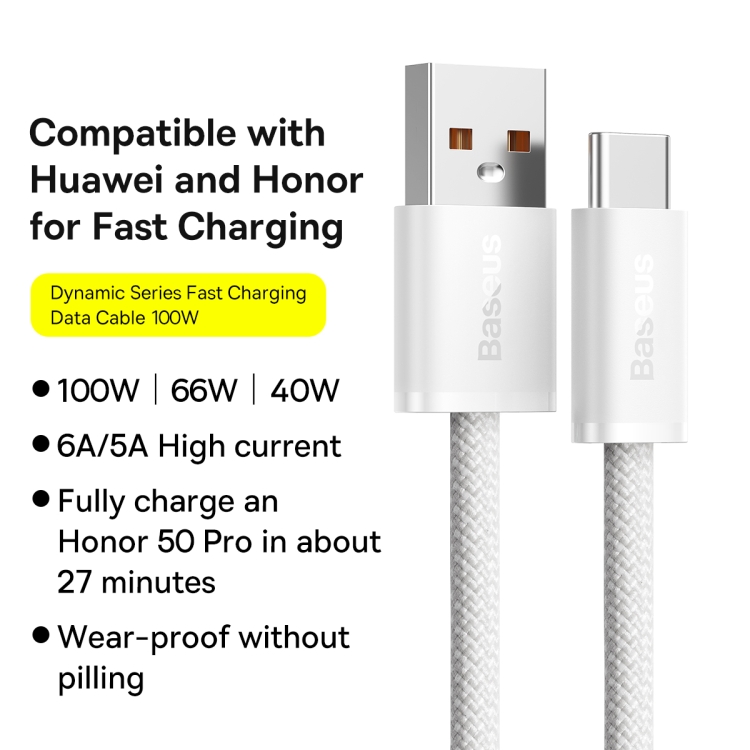 Baseus 100W USB to Type-C / USB-C Dynamic Series Fast Charging Data Cable, Length:1m(White) - 1