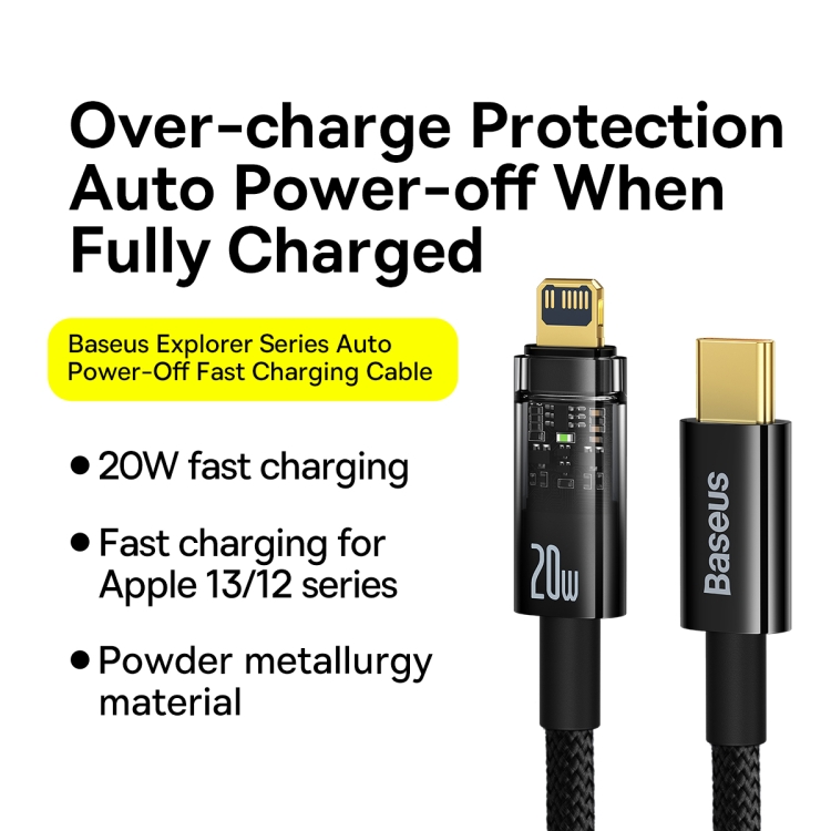 Baseus 20W Type-C / USB-C to 8 Pin Explorer Series Auto Power-Off Fast Charging Data Cable, Length:2m(Black) Baseus 20W Type-C / USB-C to 8 Pin Explorer Series Auto Power-Off Fast Charging Data Cable, Length:2m(Black)