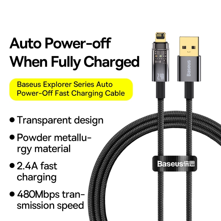 Baseus 2.4A USB to 8 Pin Explorer Series Auto Power-Off Fast Charging Data Cable, Length:1m(Black) - 1