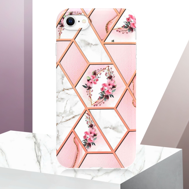 For iPhone SE 2022 / SE 2020 / 8 / 7 Electroplating Splicing Marble Flower Pattern TPU Shockproof Phone Case(Pink Flower)