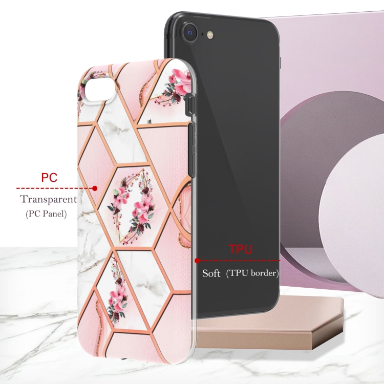 For iPhone SE 2022 / SE 2020 / 8 / 7 Electroplating Splicing Marble Flower Pattern TPU Shockproof Phone Case(Pink Flower)