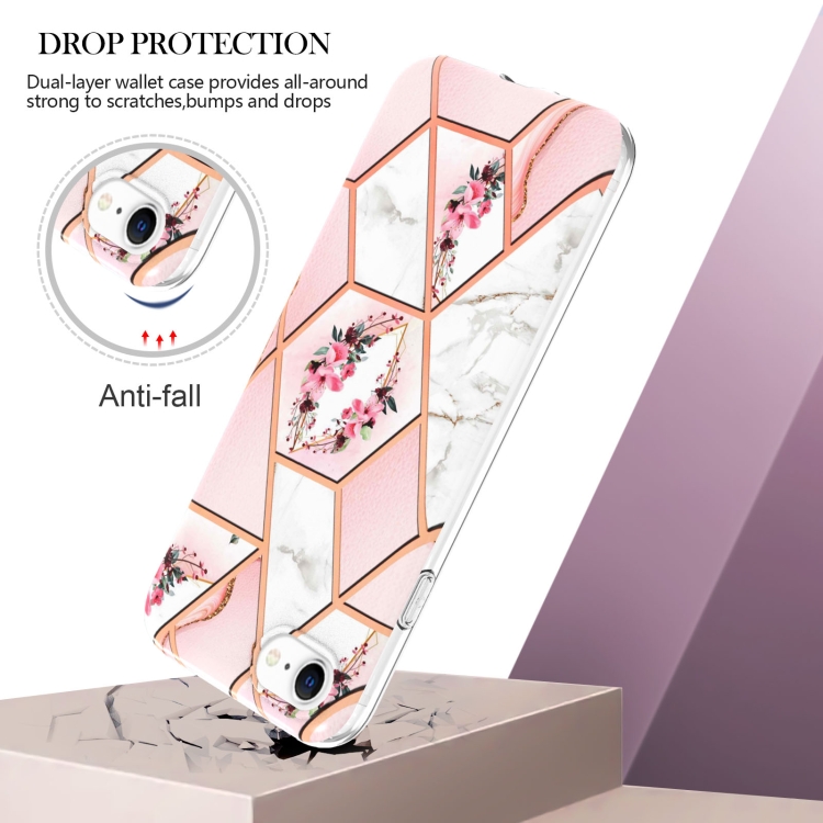 For iPhone SE 2022 / SE 2020 / 8 / 7 Electroplating Splicing Marble Flower Pattern TPU Shockproof Phone Case(Pink Flower)