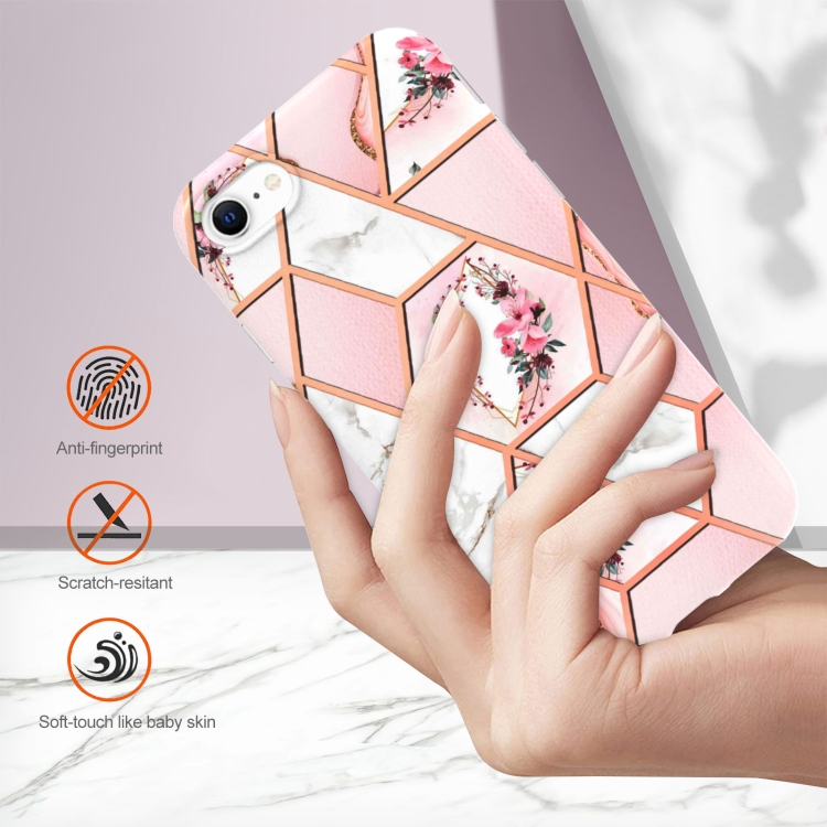 For iPhone SE 2022 / SE 2020 / 8 / 7 Electroplating Splicing Marble Flower Pattern TPU Shockproof Phone Case(Pink Flower)