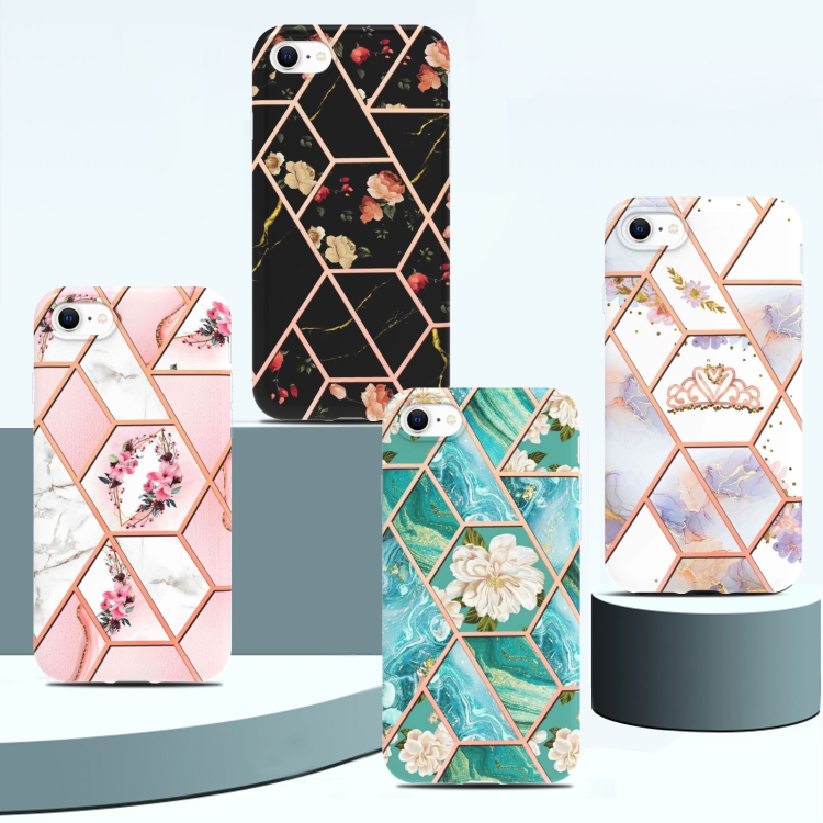 For iPhone SE 2022 / SE 2020 / 8 / 7 Electroplating Splicing Marble Flower Pattern TPU Shockproof Phone Case(Pink Flower)