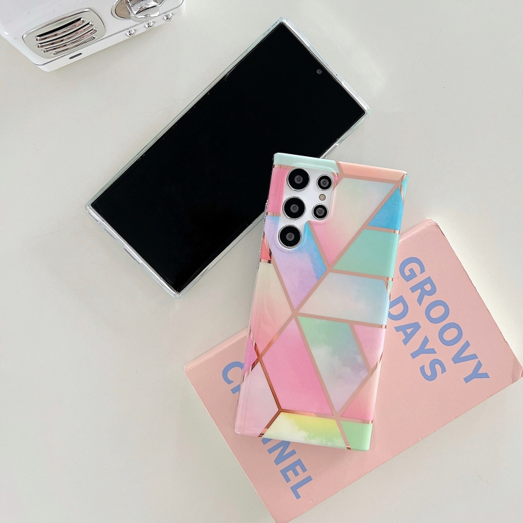 For Samsung Galaxy S22 5G Electroplated Splicing Marble TPU Phone Case(Pink Lattice) For Samsung Galaxy S22 5G Electroplated Splicing Marble TPU Phone Case(Pink Lattice)