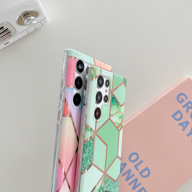 For Samsung Galaxy S22 5G Electroplated Splicing Marble TPU Phone Case(Pink Lattice) For Samsung Galaxy S22 5G Electroplated Splicing Marble TPU Phone Case(Pink Lattice)