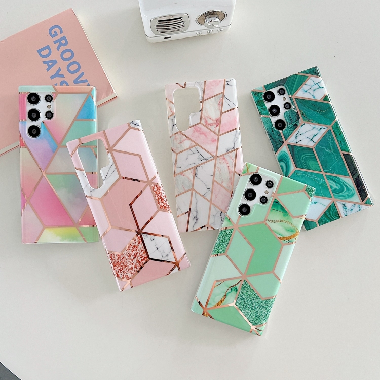 For Samsung Galaxy S22 5G Electroplated Splicing Marble TPU Phone Case(Pink Lattice) For Samsung Galaxy S22 5G Electroplated Splicing Marble TPU Phone Case(Pink Lattice)