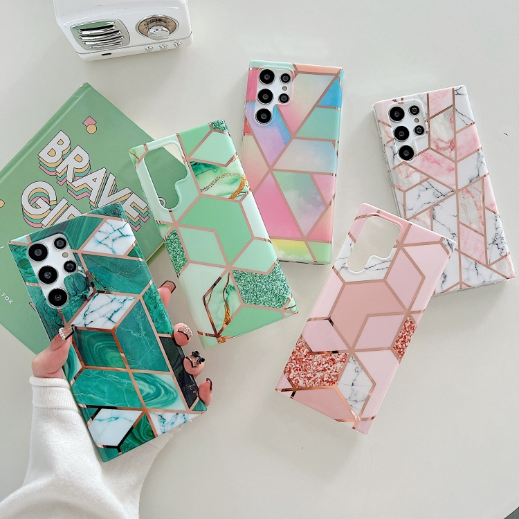 For Samsung Galaxy S22+ 5G Electroplated Splicing Marble TPU Phone Case(Pink Lattice) For Samsung Galaxy S22+ 5G Electroplated Splicing Marble TPU Phone Case(Pink Lattice)