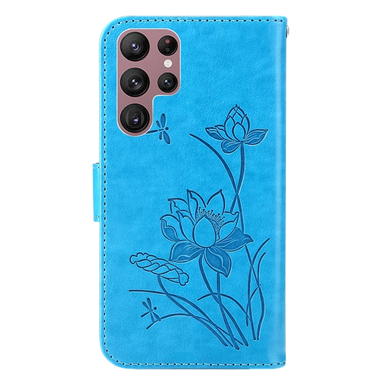 For Samsung Galaxy S22 Ultra 5G Lotus Embossed Leather Phone Case(Blue) For Samsung Galaxy S22 Ultra 5G Lotus Embossed Leather Phone Case(Blue)