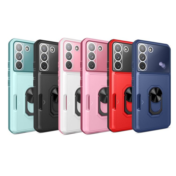 For Samsung Galaxy S22 5G Card Ring Holder PC + TPU Phone Case(White+Pink) For Samsung Galaxy S22 5G Card Ring Holder PC + TPU Phone Case(White+Pink)