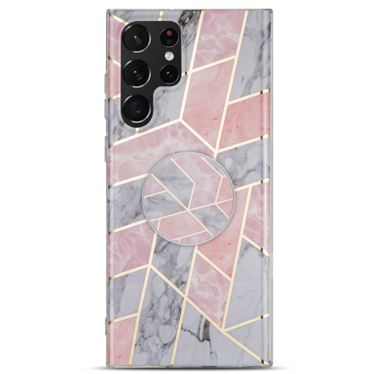 For Samsung Galaxy S22 Ultra 5G IMD Marble TPU Phone Case with Holder(Pink Grey)
