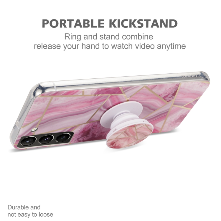 For Samsung Galaxy S22 Ultra 5G IMD Marble TPU Phone Case with Holder(Pink Grey)