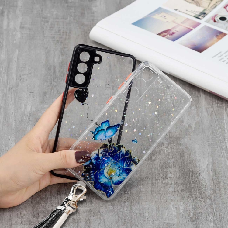 For Samsung Galaxy S22 5G Starry Sky Epoxy TPU Phone Case with Neck Lanyard(Love)