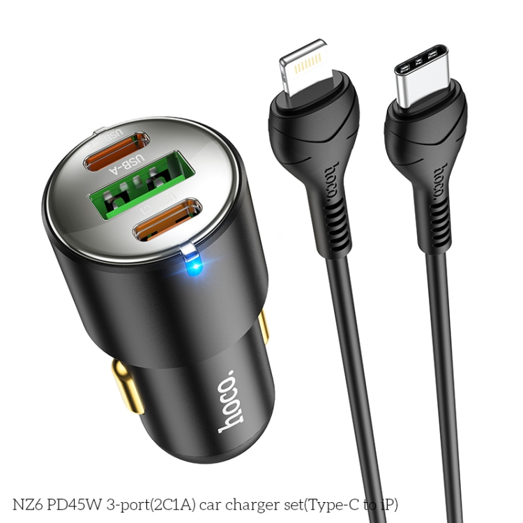 hoco NZ6 Dual Type-C / USB-C + USB PD45W 3-port Car Charger with Type-C / USB-C to 8 Pin Charging Cable(Black) - 1